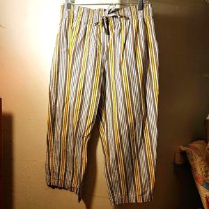 Yellow Brown & Cream Stripped Casual Wide Leg Cropped Trousers with Drawstring